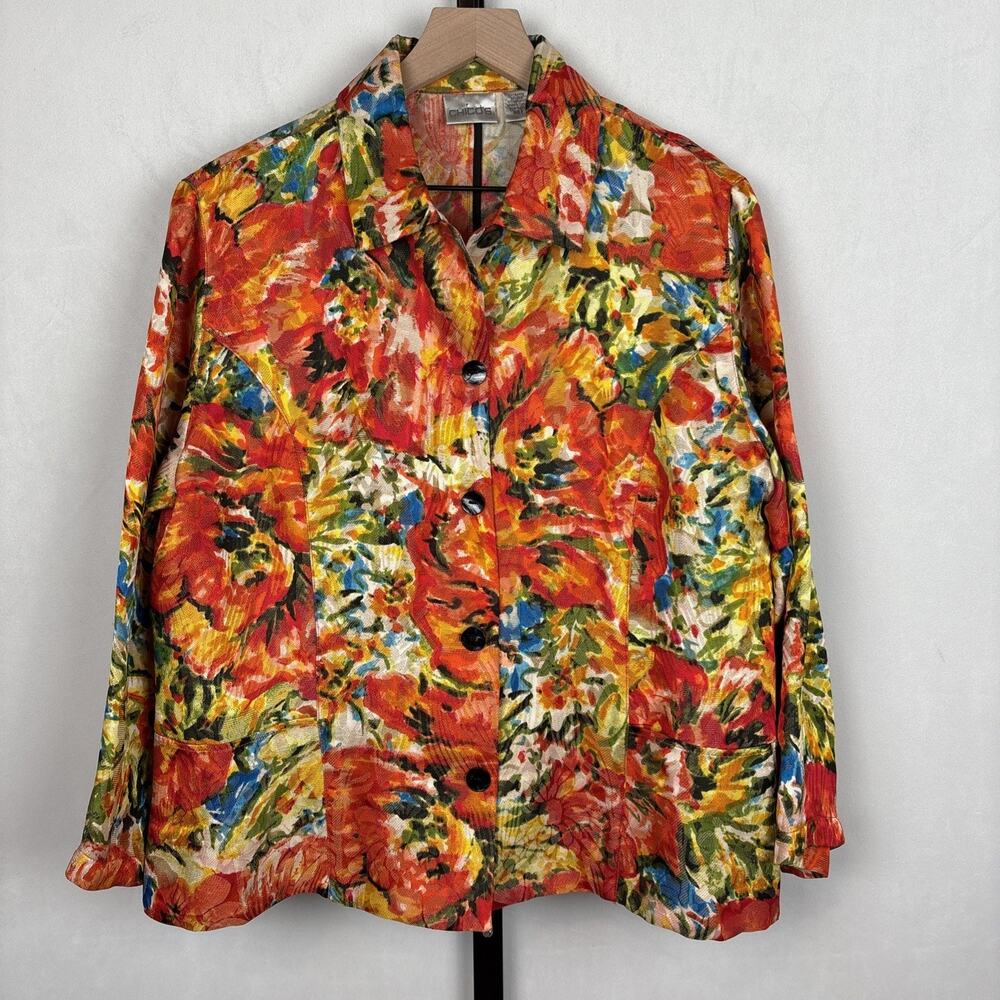 Chico's Silk Blend Blazer Jacket Womens Large 2 Floral Colorful Art to Wear